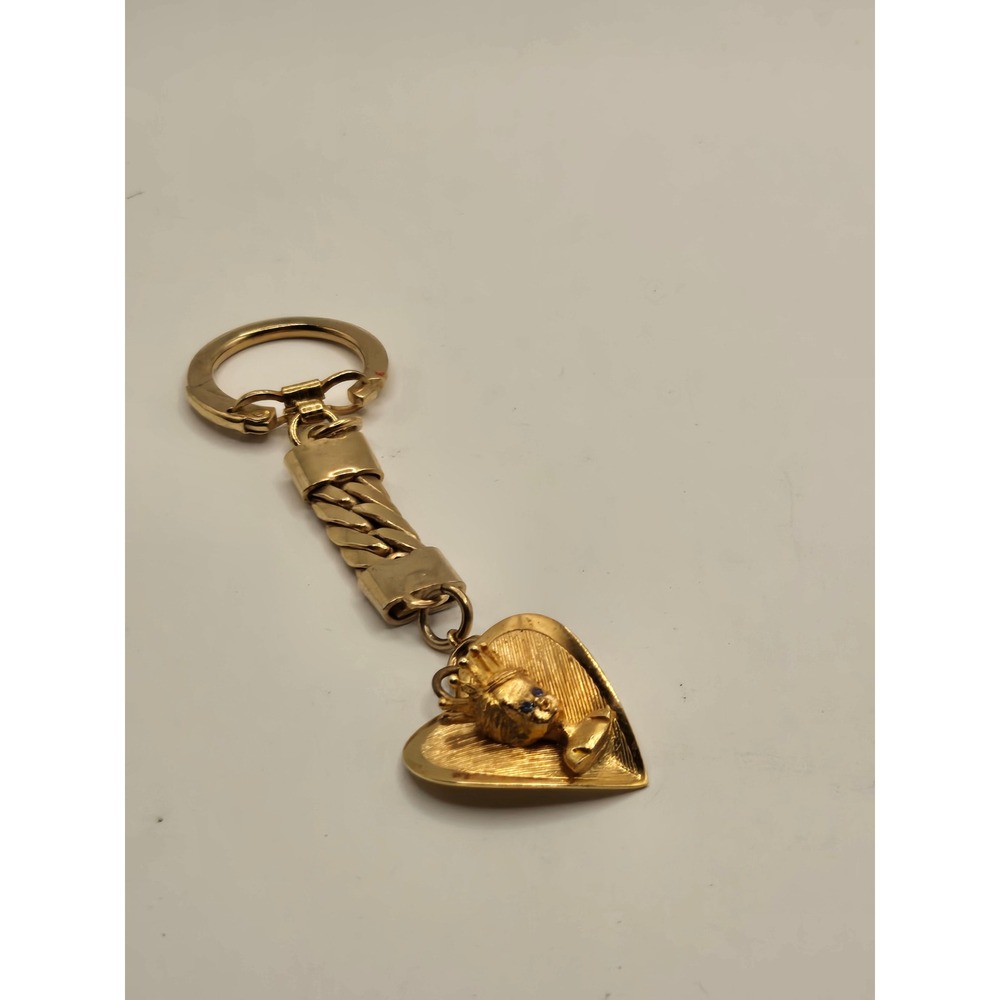 Vintage Gold Tone Queen Heart Keychain Textured Crown Royalty Bag Charm